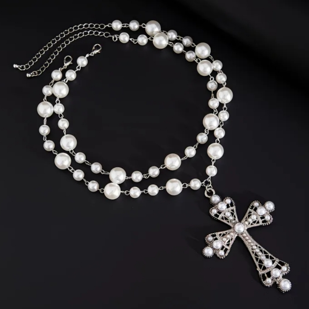 2 Piece Elegant Silver and Pearl Cross Necklace Set - Picture 2 of 4